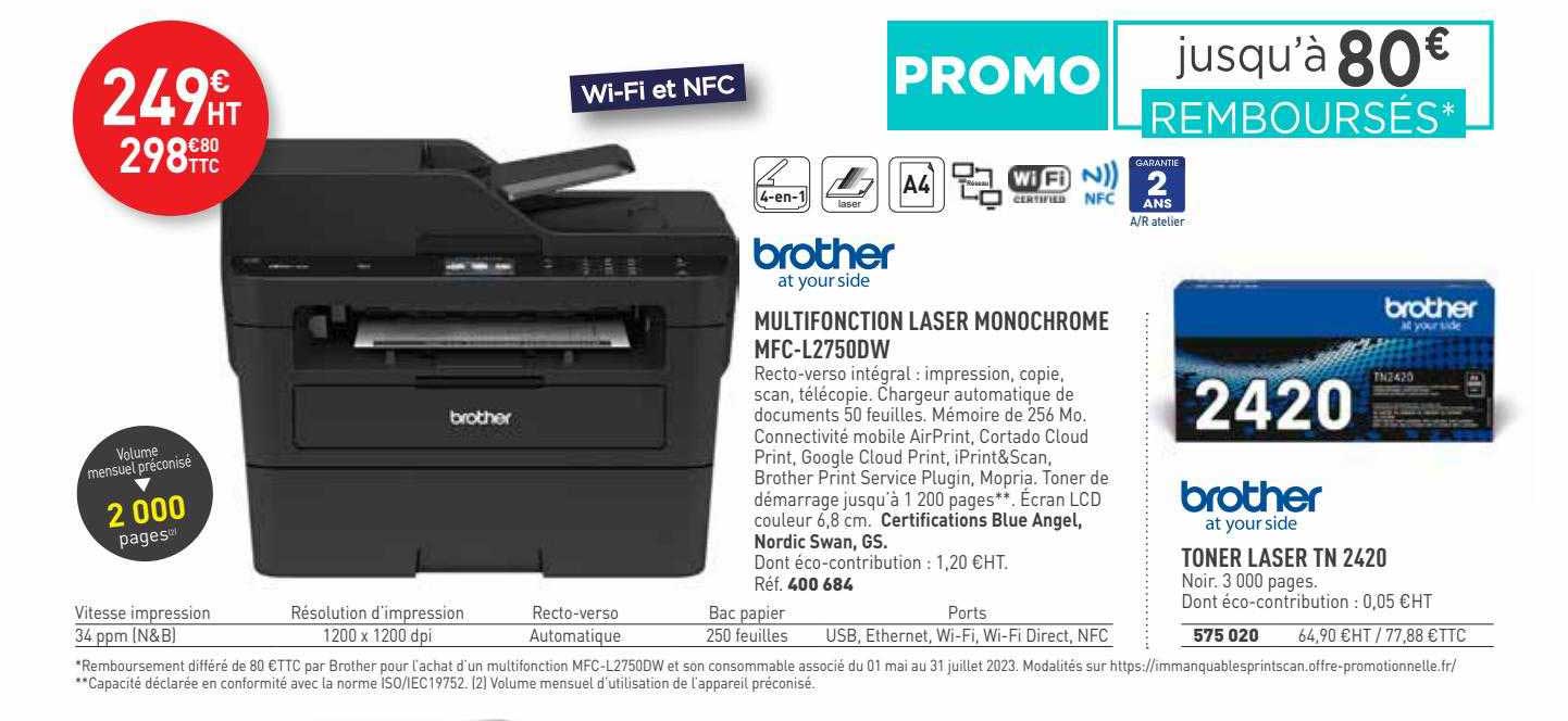 multifonction laser monochrome mfc-l2750dw brother at your side, toner laser tn 2420