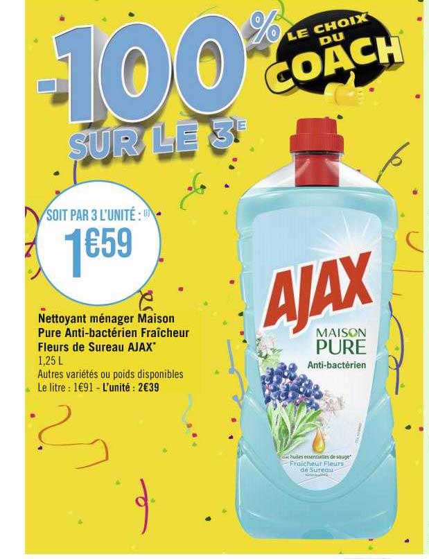 nettoyant ménager maison pure anti-bactérien fraîcheur fleurs de sureau ajax