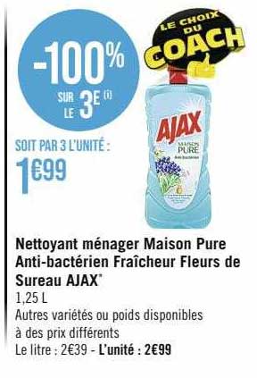 nettoyant ménager maison pure anti-bactérien fraîcheur fleurs de sureau ajax