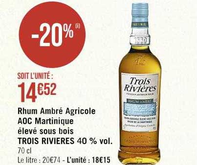 rhum ambré agricole aoc martinique élevé sous bois trois rivières 40% vol.