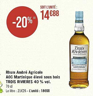 rhum ambré agricole aoc martinique élevé sous bois trois rivières 40% vol.