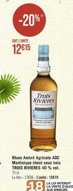rhum ambré agricole aoc martinique élevé sous bois trois rivières 40% vol.