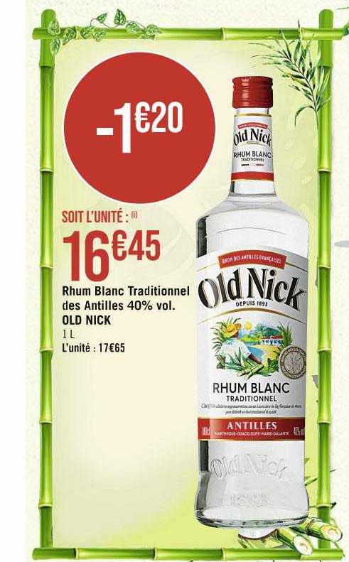 rhum blanc traditionnel des antilles 40% vol. old nick