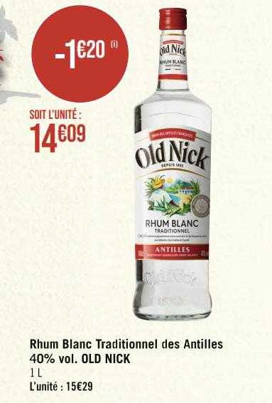 rhum blanc traditionnel des antilles 40% vol. old nick