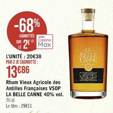 rhum vieux agricole des antilles françaises vsop la belle canne 40% vol.
