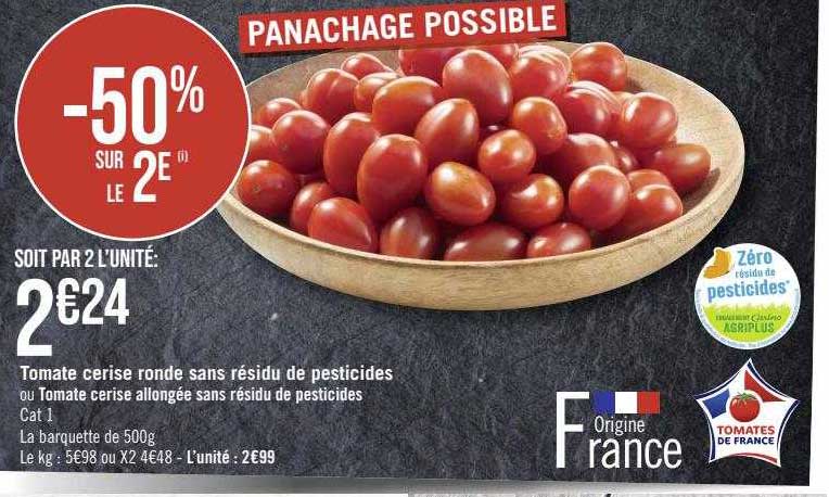 tomate cerise ronde sans résidu de pesticides ou tomate cerise allongée sans résidu de pesticides