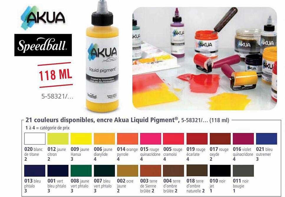 21 couleurs disponibles, encre akua liquid pigment