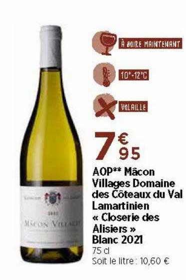 aop mâcon villages domaine des côteaux du val lamartinien «closerie ds alisiers» blanc 2021