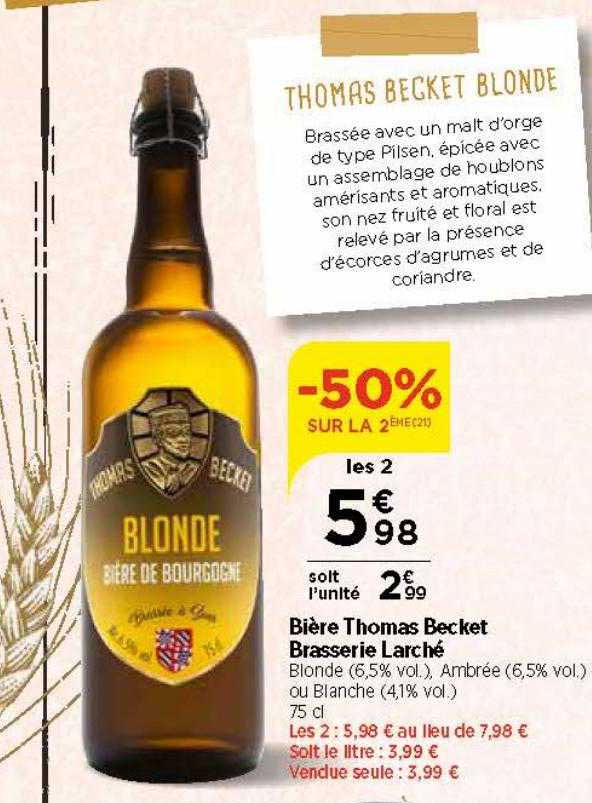 bière thomas becket brasserie larché  -50% sur la 2ème