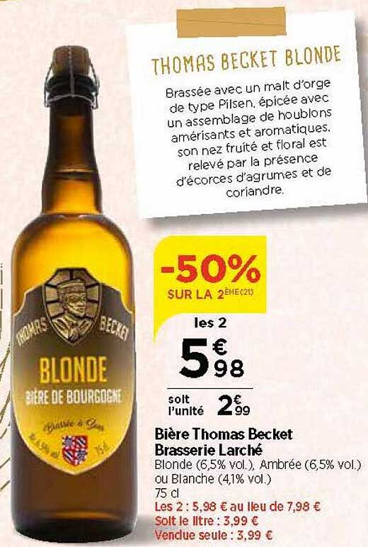 bière thomas becket brasserie larché  -50% sur la 2ème