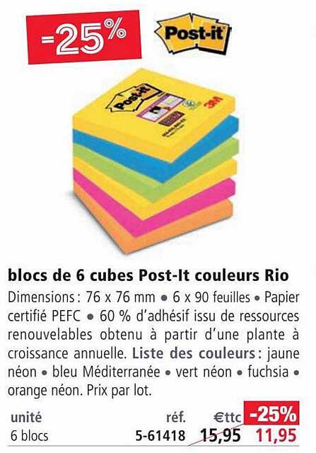 blocs de 6 cubes post-it couleurs rio