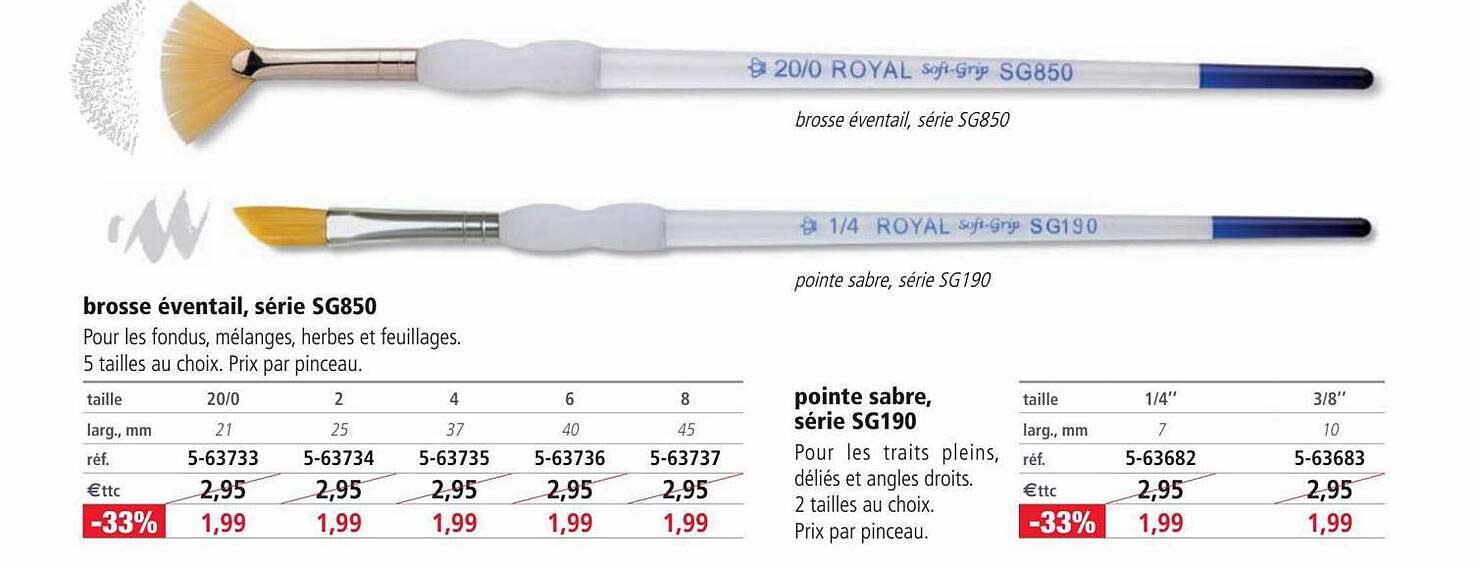 brosse éventail, série sg850, pointe sabre, série sg190