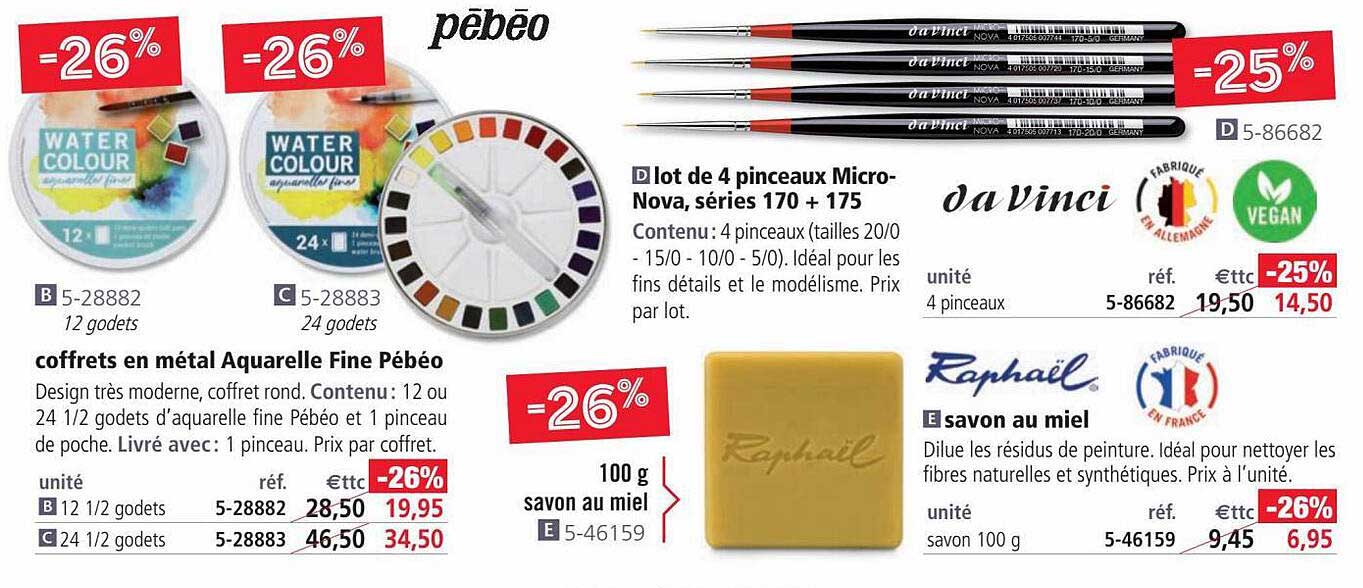coffrets en métal aquarelle fine pébéo, lot de 4 pinceaux micro-nova, séries 170 + 175, savon au miel raphaël
