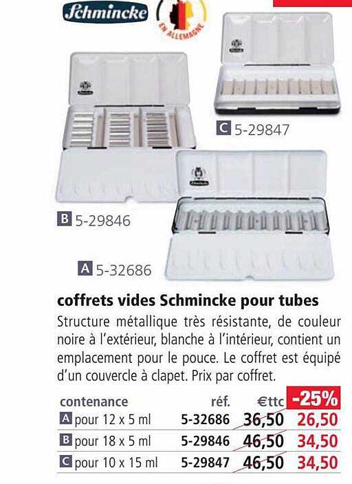 coffrets vides schmincke pour tubes