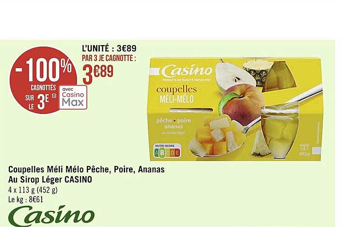 coupelles méli mélo pêche, poire, ananas au sirop léger casino