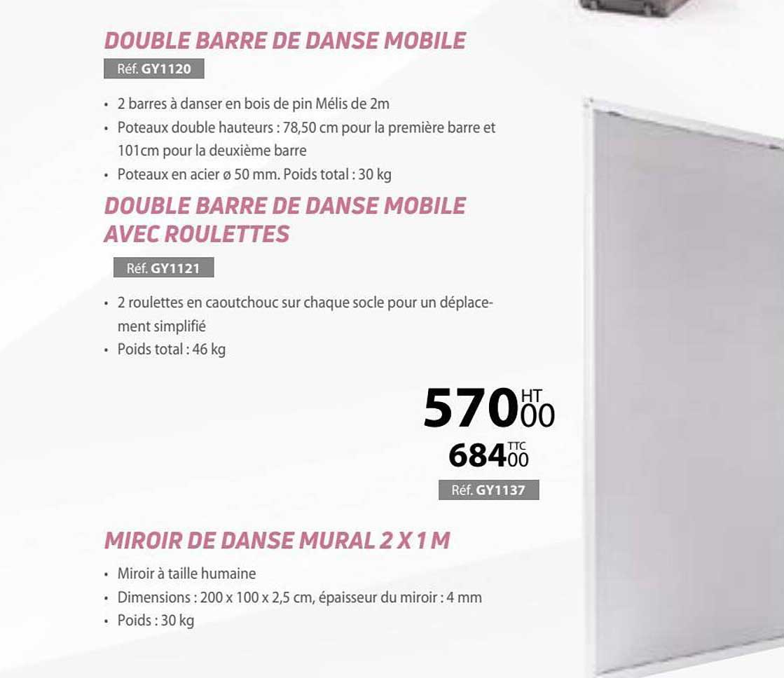 double barre de danse mobile, double barre de danse mobile avec roulettes, miroir de danse mural 2 x 1 m