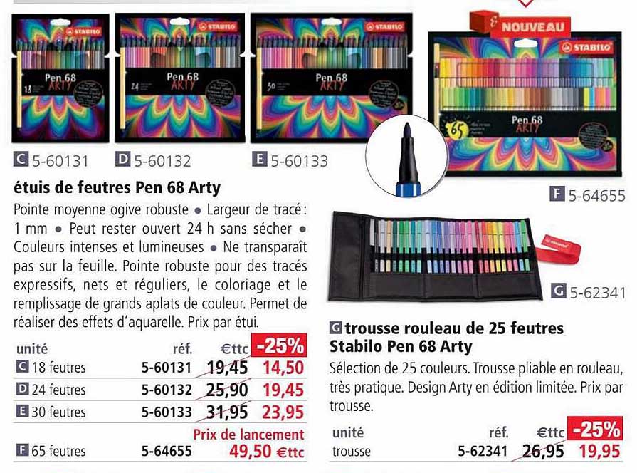 étuis de feutres pen 68 arty, trousse rouleau de 25 feutres stabilo pen 68 arty