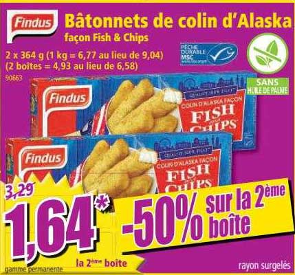 findus bâtonnets de colin d'alaska façon fish & chips -50% sur la 2ème boîte