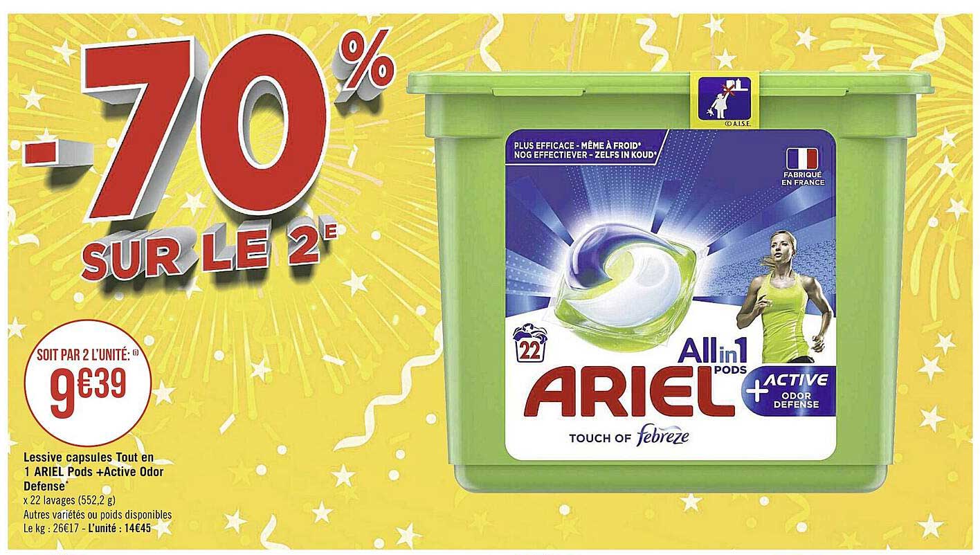 lessive capsules tout en 1 ariel pods + actives odor defense
