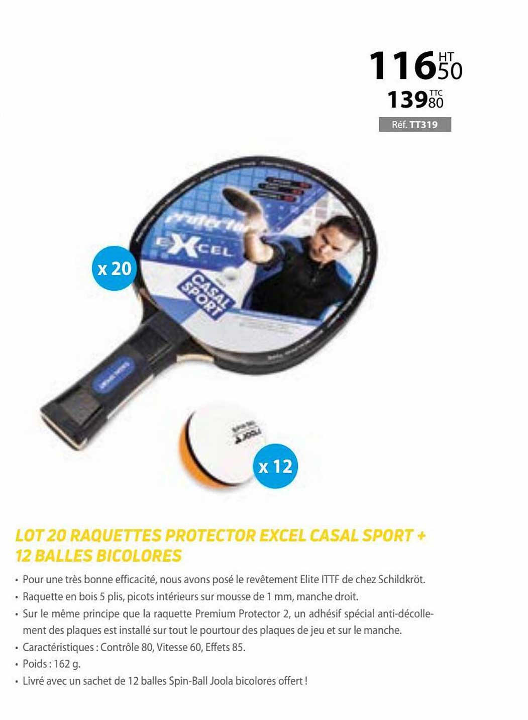 lot 20 raquettes protector excel casal sport + 12 balles bicolores