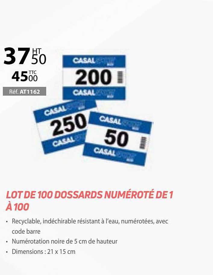 lot de 100 dossards numéroté de 1 à 100