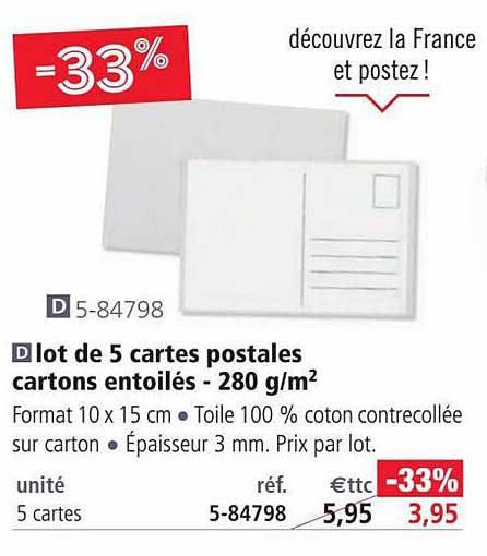 lot de 5 cartes postales cartons entoilés - 280 g-m²