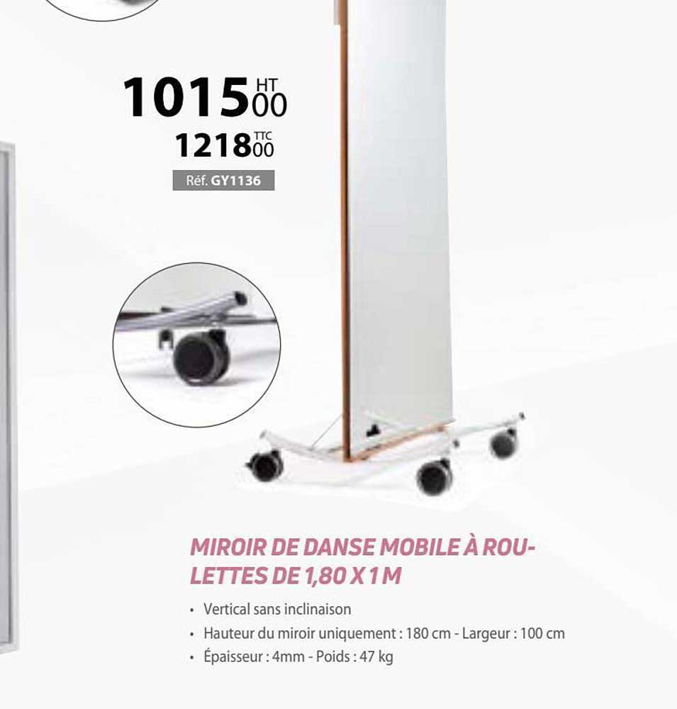 miroir de danse mobile à roulettes de 1,80 x 1 m