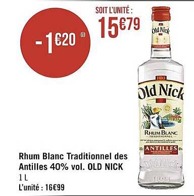 rhum blanc traditionnel des antilles 40% vol. old nick
