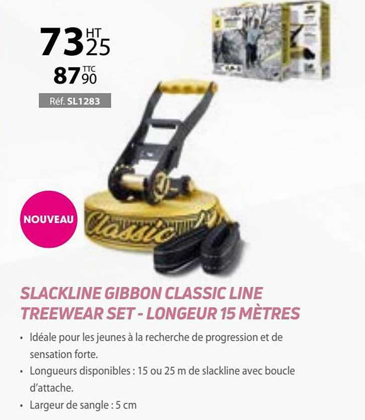 slackline gibbon classic line treewear set - longeur 15 mètres