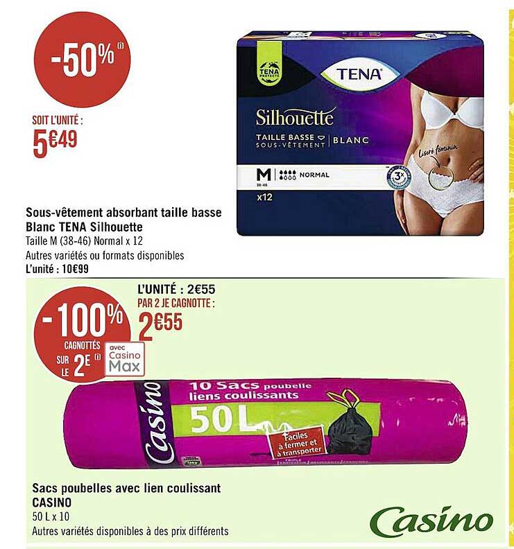 sous-vêtements absorbant taille basse blanc tena silhouette, sacs poubelles avec lien coulissant casino