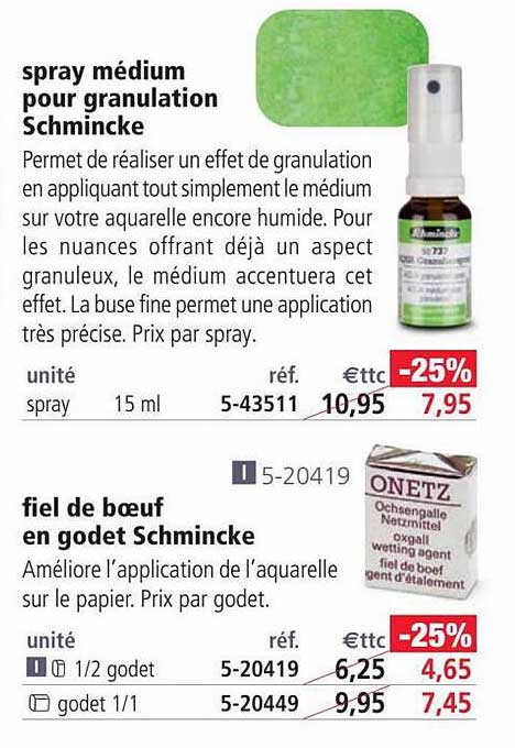 spray médium pour granulation schmincke, fiel de boeuf en godet schmincke