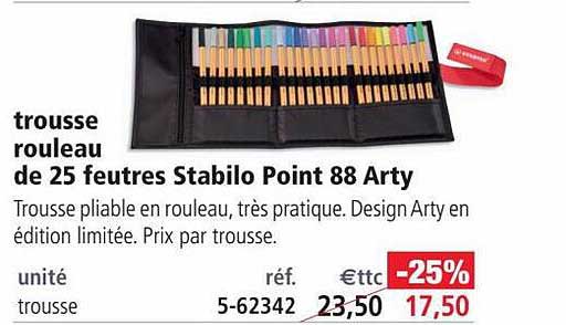 trousse rouleau de 25 feutres stabilo point 88 arty