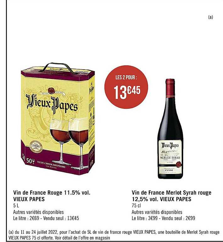 vin de france rouge 11.5% vol. vieux papes, vin de france merlot syrah rouge 12,5% vol. vieux papes