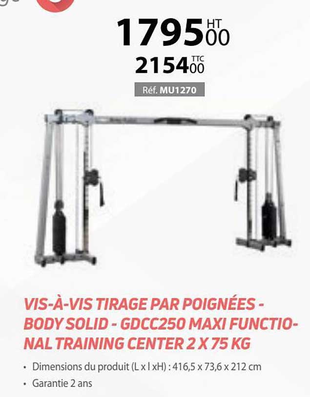 vis-à-vis tirage par poignées - body solid - gdcc250 maxi functional training center 2 x 75 kg