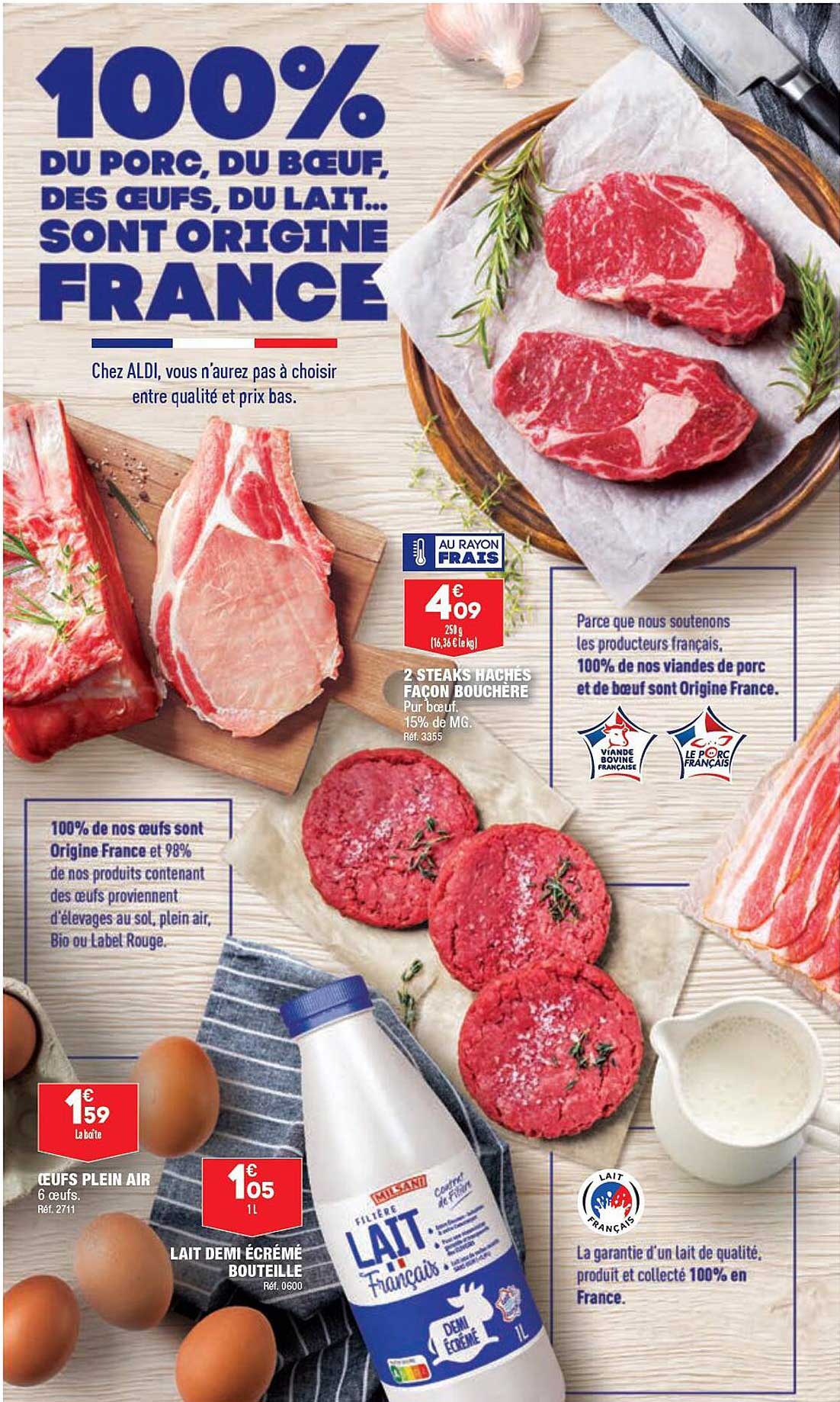 2 steaks hachés façon bouchère, œufs plein air, lait demi écrémé bouteille