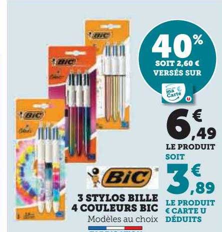 3 Stylos Bille 4 Couleurs Bic
