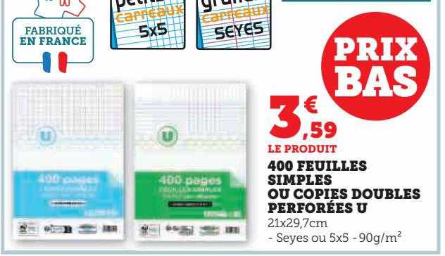 400 Feuilles Simples Ou Copies Doubles Perforées U