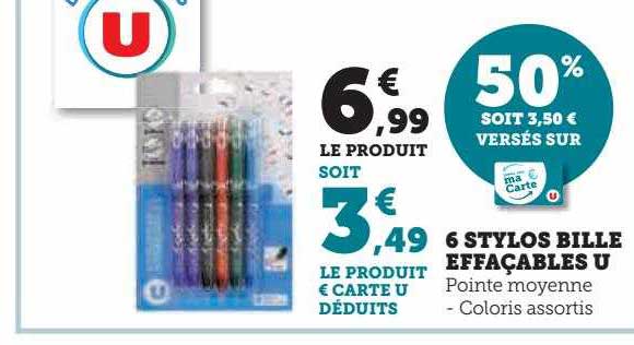 6 Stylos Bille Effaçables U