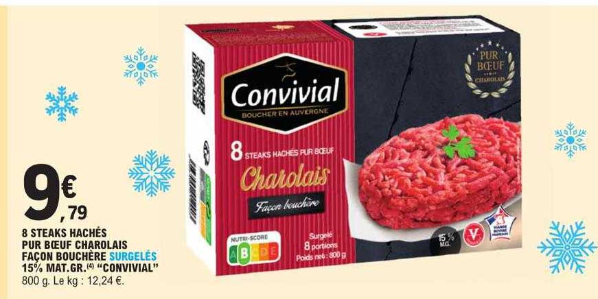 8 steaks hachés pur bœuf charolais façon bouchère surgelés 15% mat.gr. "convivial"
