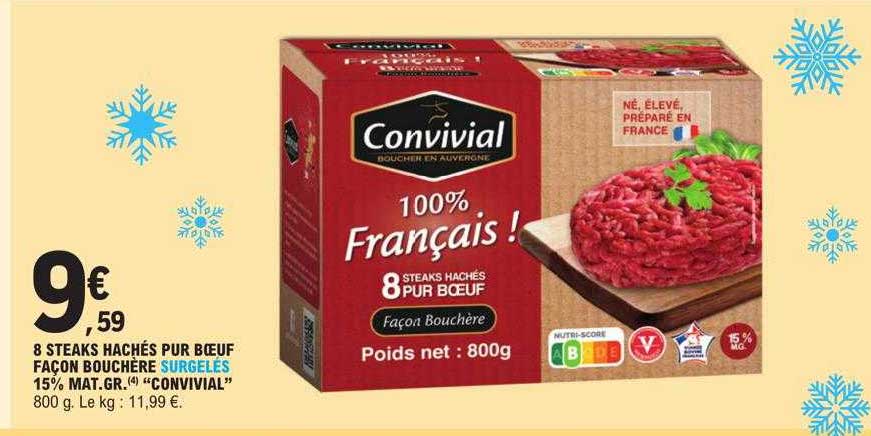 8 steaks hachés pur bœuf façon bouchère surgelés 15% mat.gr. "convivial"
