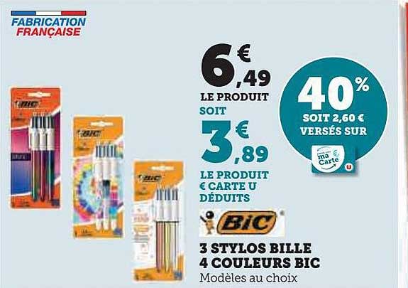 Bic 3 Stylos Bille 4 Couleurs
