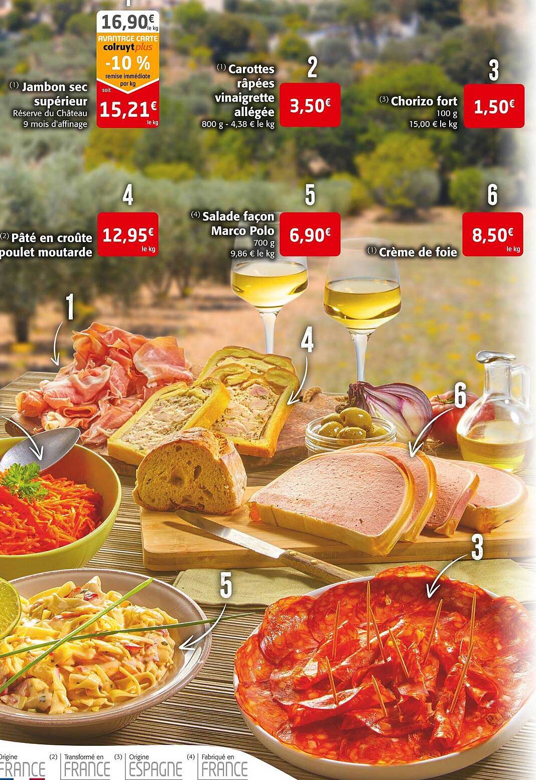 jambon sec supérieur, pâté en croûte poulet moutarde, carottes râpées vinaigrette allégée, salade façon marco polo, chorizo fort, crème de foie