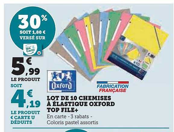 lot de 10 chemises à élastique oxford top file+ oxford