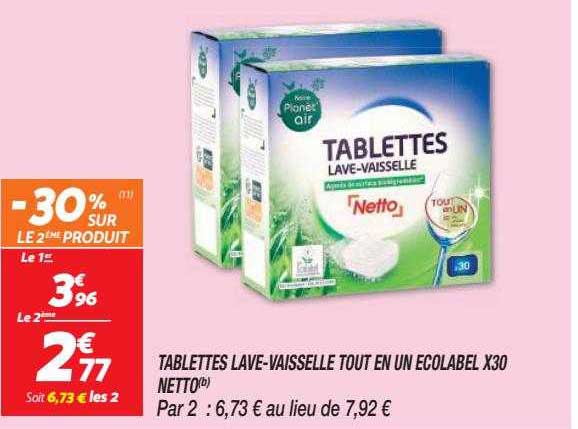 tablettes lave-vaisselle tout en un écolabel x30 netto
