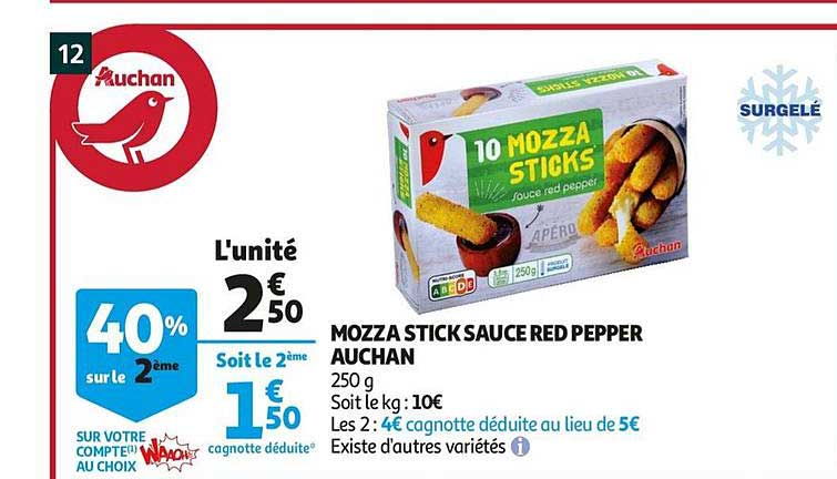 mozza stick sauce red pepper auchan 40% sur le 2ème