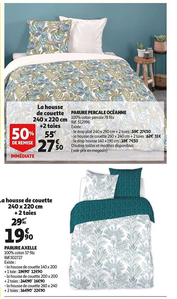 parure percale océanne 50% de remise immédiate la housse de couette 240x220 mc + 2 taie