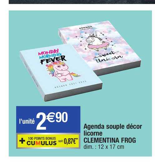 agenda souple décor licorne clementina frog