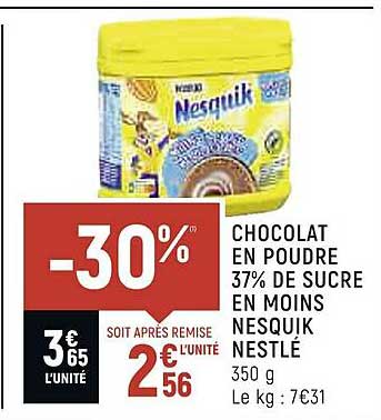 chocolat en poudre 37% de sucre en moins nesquik nestlé