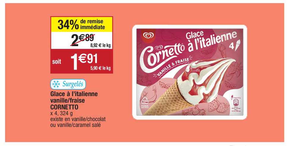 glace à l'italienne vanille-fraise cornetto