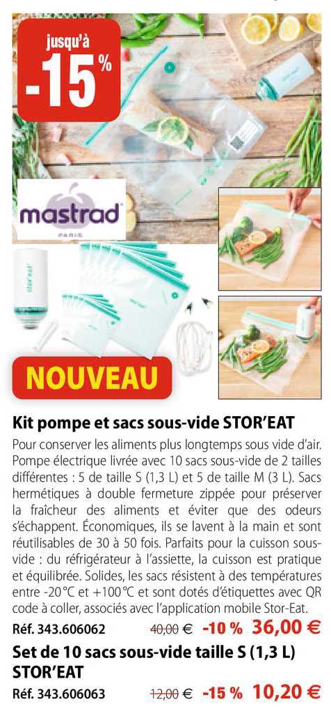 kit pompe et sacs sous-vide stor'eat, set de 10 sacs sous-vide taille s (1,3l) stor'eat